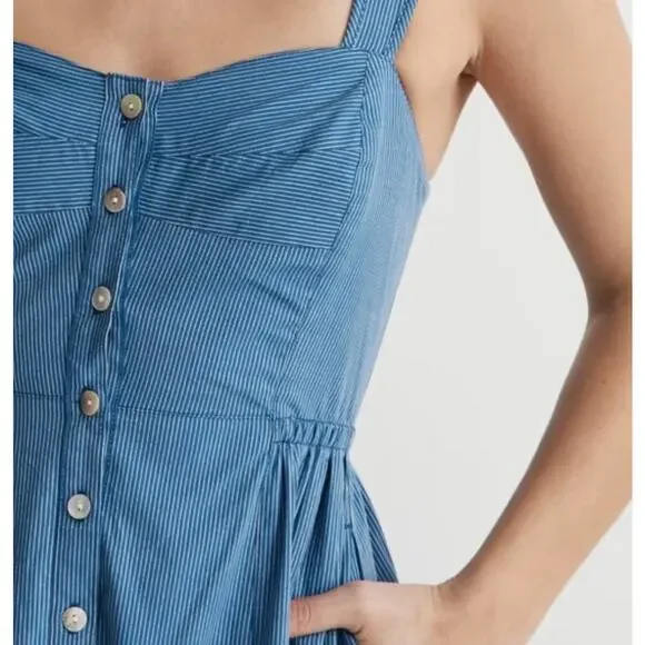 Madewell Tiered Button Front Midi Dress Blue Stripe Cotton 4P Petite Cottage - Picture 5 of 14